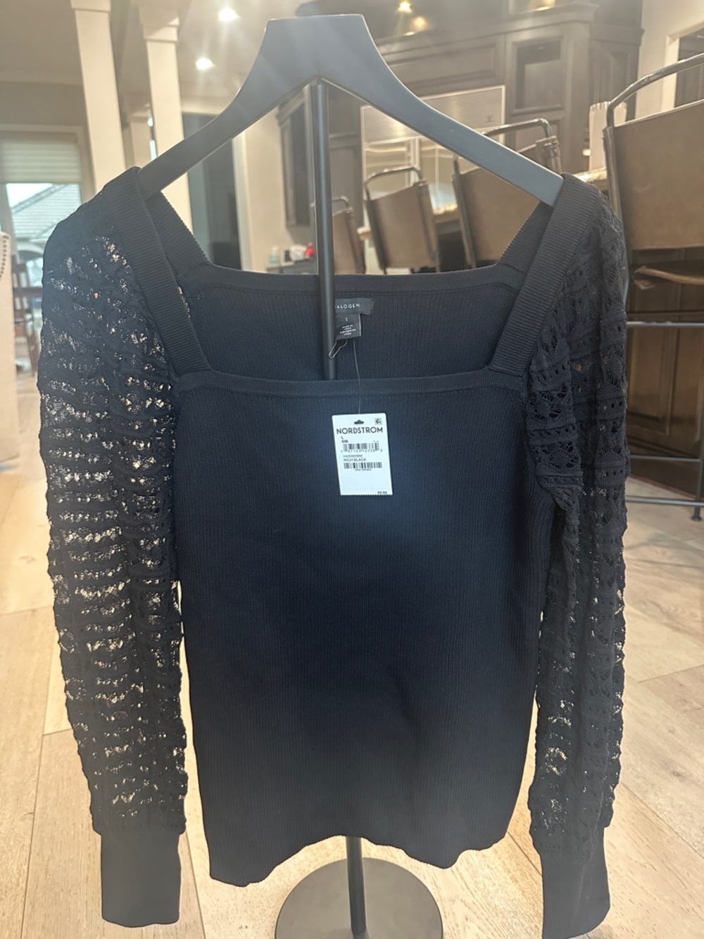 Halogen Black Knit Top with Lace Crochet Sleeves